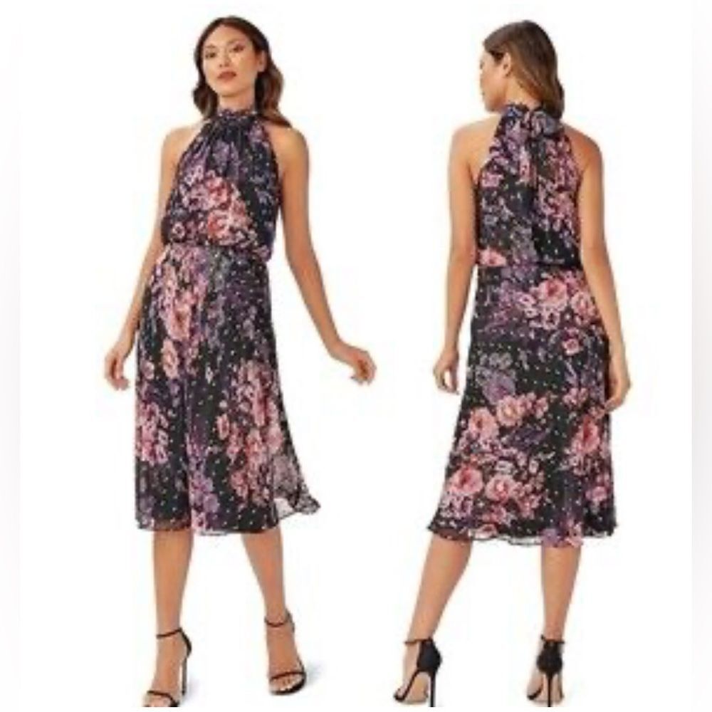 Adrianna Papell black & pink shimmering foil chiffon mock neck midi dress size 8